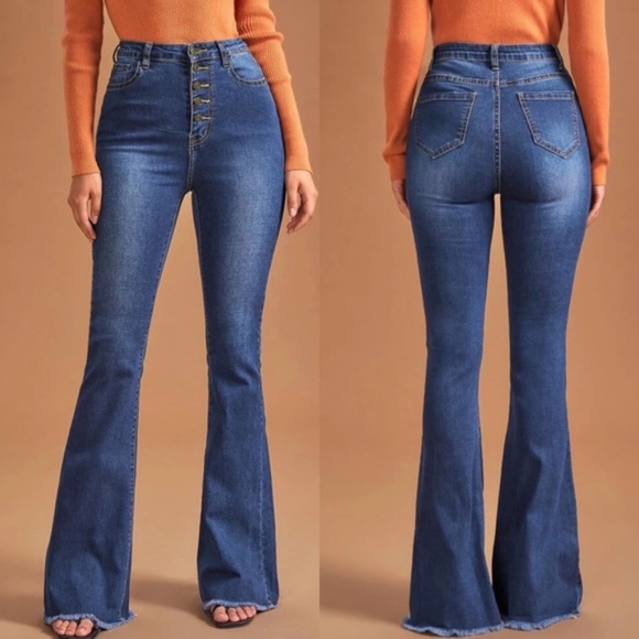 Denim - high waist dark wash  button fitted denim bell bottom jeans